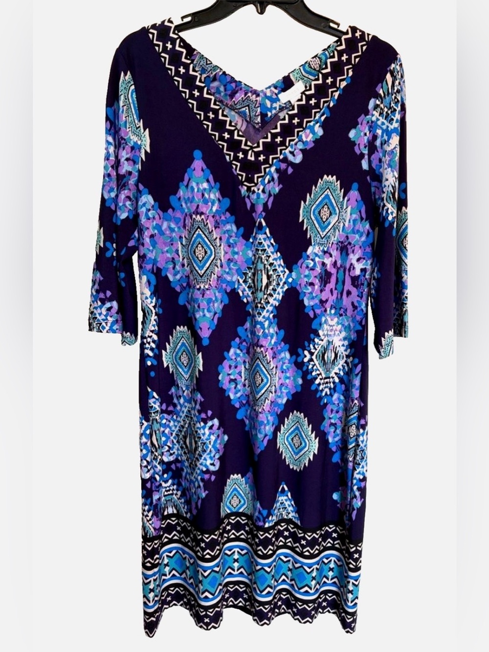 Chico’s Geometric Medallion Border Print Dress Size 1 M Purple Blue V Neck